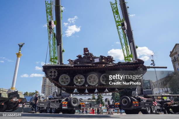 Preparation for the ''parade'' of destroyed Russian armour on Khreshchatyk, the central street of Kyiv, August 22, 2023. For several days, trucks...