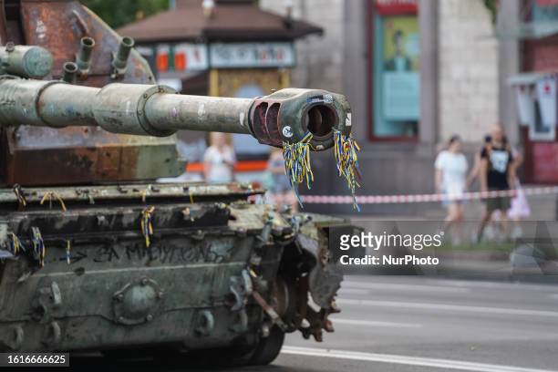 Preparation for the ''parade'' of destroyed Russian armour on Khreshchatyk, the central street of Kyiv, August 21, 2023. For several days, trucks...
