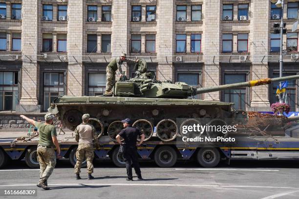 Preparation for the ''parade'' of destroyed Russian armour on Khreshchatyk, the central street of Kyiv, August 22, 2023. For several days, trucks...