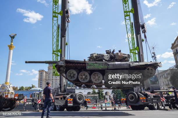 Preparation for the ''parade'' of destroyed Russian armour on Khreshchatyk, the central street of Kyiv, August 22, 2023. For several days, trucks...