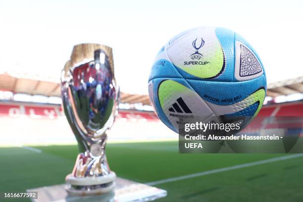 Detailed view of the Adidas Oceaunz UEFA Super Cup match ball and UEFA Super Cup trophy prior to a Manchester City Training Session ahead of the UEFA...