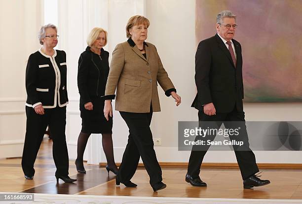 German President Joachim Gauck, incoming German Education Minister Johanna Wanka , outgoing Education Minister Annette Schavan and Chancellor Angela...