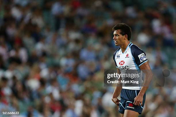 Ben Volavola of the Waratahs looks on during the Super Rugby trial match between the Waratahs and the Crusaders at Allianz Stadium on February 14,...