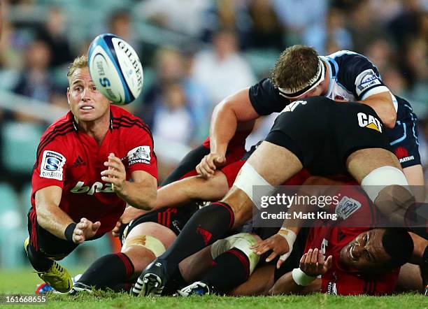 Andy Ellis of the Crusaders passes during the Super Rugby trial match between the Waratahs and the Crusaders at Allianz Stadium on February 14, 2013...