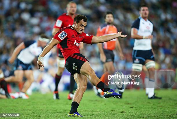 Israel Dagg of the Crusaders kicks the ball during the Super Rugby trial match between the Waratahs and the Crusaders at Allianz Stadium on February...