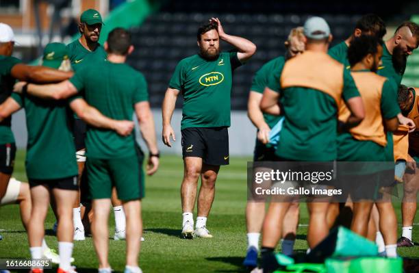 Frans Malherbe of South Africa during the South Africa men's national rugby team training session at Twickenham Stoop on August 22, 2023 in London,...