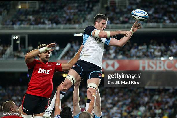 Mitchell Chapman of the Waratahs jumps at the lineout during the Super Rugby trial match between the Waratahs and the Crusaders at Allianz Stadium on...