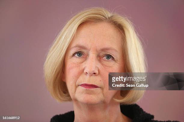 Incoming German Education Minister Johanna Wanka waits to receive her appointment papers from German President Joachim Gauck at Bellevue Palace on...