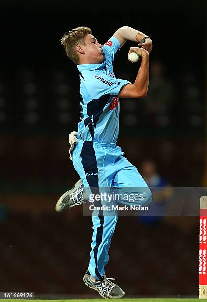 Adam Zampa of the Blues bowls during the Ryobi Cup One Day match between the New South Wales Blues and the South Australian Redbacks at Sydney...