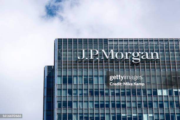 Morgan headquarters at Canary Wharf financial district on 15th August 2023 in London, United Kingdom. Canary Wharf is an area located near the Isle...