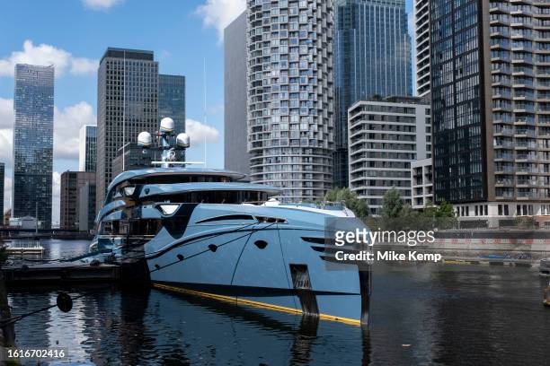 Phi superyacht made by Royal Huisman which is moored at South Dock at the heart of Canary Wharf financial district on 15th August 2023 in London,...