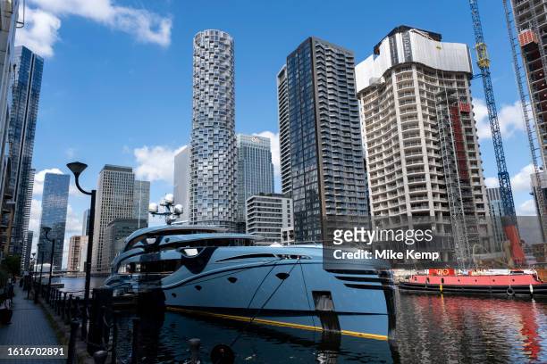 Phi superyacht made by Royal Huisman which is moored at South Dock at the heart of Canary Wharf financial district on 15th August 2023 in London,...