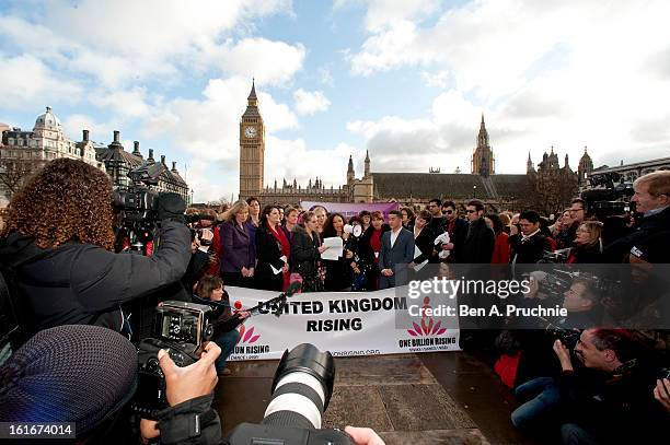 Thandie Newton, Ruby Wax, Kathy Lette and Jahmene Douglas attend a photocall to support the One Billion Rising Campaign at Houses of Parliament on...