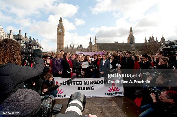 Thandie Newton, Ruby Wax, Kathy Lette and Jahmene Douglas attend a photocall to support the One Billion Rising Campaign at Houses of Parliament on...