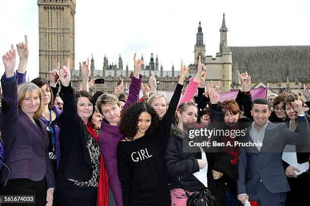 Thandie Newton, Ruby Wax, Kathy Lette and Jahmene Douglas attends a photocall to support the One Billion Rising Campaign at Houses of Parliament on...