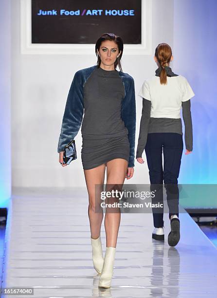 Model walks the runway at the Le Smurfette fall 2013 fashion show during Conair Style360 at Metropolitan Pavilion on February 13, 2013 in New York...