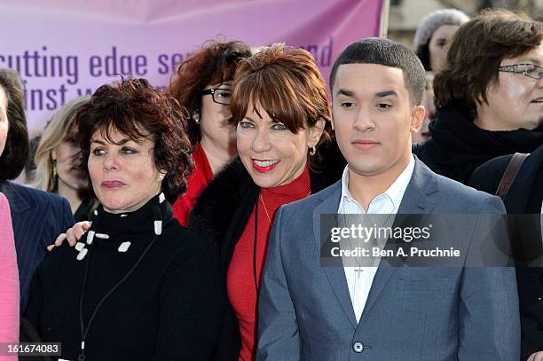 Ruby Wax, Kathy Lette and Jahmene Douglas attends a photocall to support the One Billion Rising Campaign at Houses of Parliament on February 14, 2013...