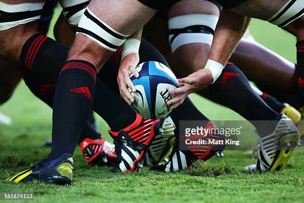 Crusaders player clears the ball from the ruck during the Super Rugby trial match between the Waratahs and the Crusaders at Allianz Stadium on...