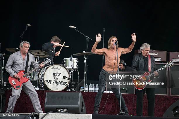 Mike Watt, Toby Dammit, Iggy Pop and James Williamson of American rock band Iggy and The Stooges performing live onstage at Hard Rock Calling...