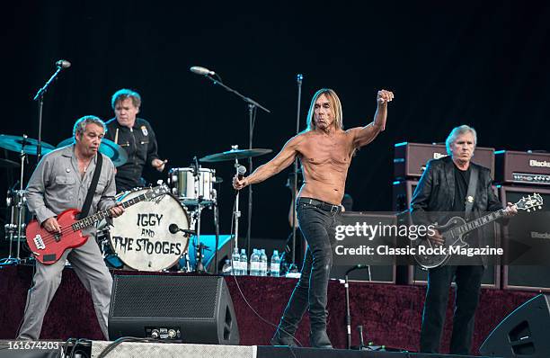 Mike Watt, Toby Dammit, Iggy Pop and James Williamson of American rock band Iggy and The Stooges performing live onstage at Hard Rock Calling...