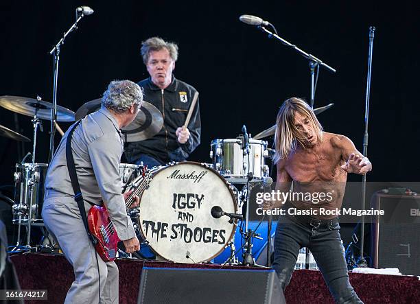 Mike Watt, Toby Dammit and Iggy Pop of American rock band Iggy and The Stooges performing live onstage at Hard Rock Calling Festival, July 13, 2012.