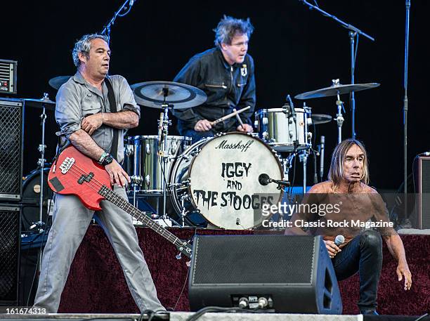Mike Watt, Toby Dammit and Iggy Pop of American rock band Iggy and The Stooges performing live onstage at Hard Rock Calling Festival, July 13, 2012.