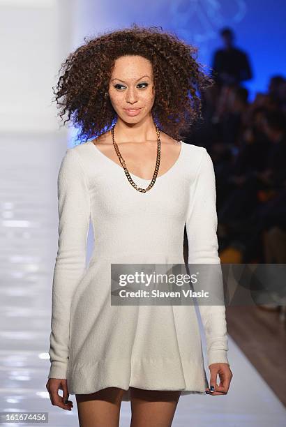 Model walks the runway at the Le Smurfette fall 2013 fashion show during Conair Style360 at Metropolitan Pavilion on February 13, 2013 in New York...