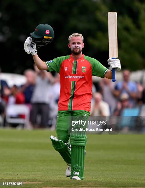 Sol Budinger of Leicestershire celebrates his century during the Leicestershire Foxes v Essex - Metro Bank One Day Cup at Kibworth CC on August 15,...