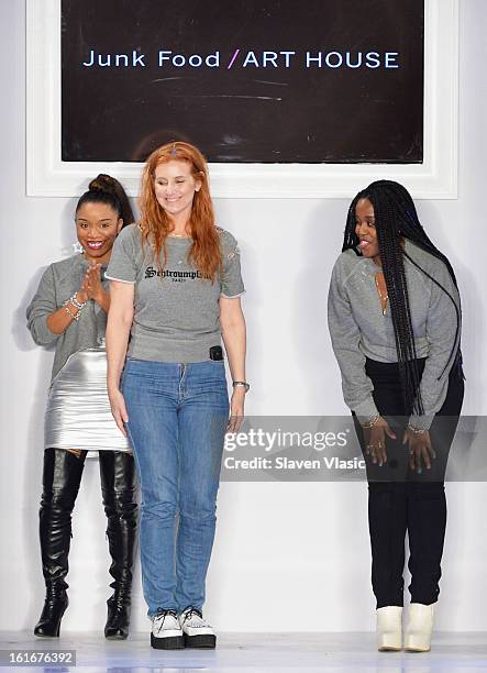 Designers Lois Sakany, Samia Grand-Pierre and guest walk the runway at the Le Smurfette fall 2013 fashion show during Conair Style360 at Metropolitan...