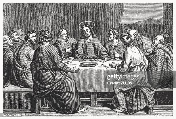 illustrazioni stock, clip art, cartoni animati e icone di tendenza di l'ultima cena (giovanni 13), incisione xilografica, pubblicata nel 1837 - giovedì santo