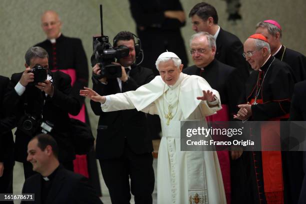 Pope Benedict XVI attends a meeting with parish priests of Rome's diocese at the Paul VI Hall on February 14, 2013 in Vatican City, Vatican. The...