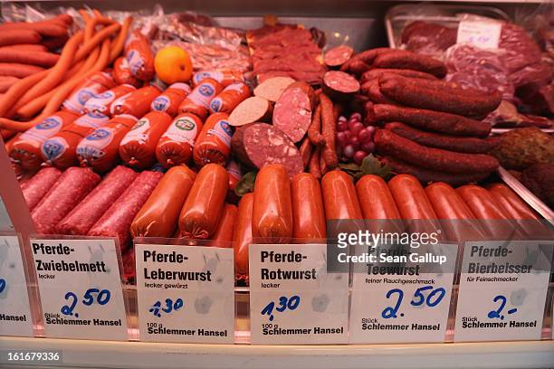 Horsemeat ham, wurst and sausage lie on display at the Schlemmer Hansel stand at the weekly open-air market in Hohenschoenhausen district on February...