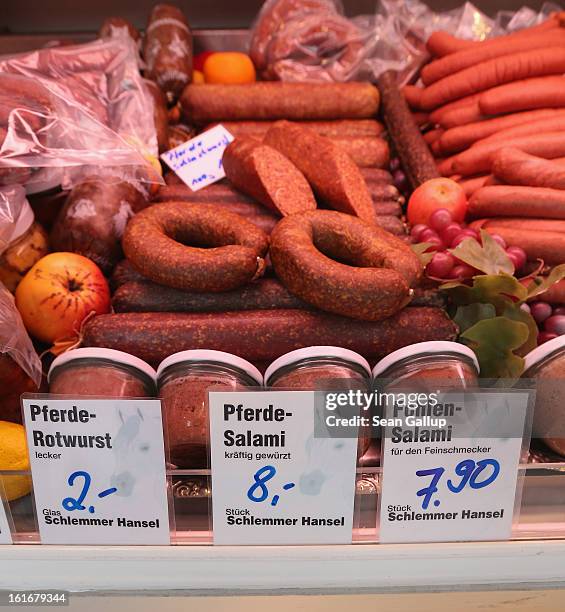 Horsemeat ham, wurst and sausage lie on display at the Schlemmer Hansel stand at the weekly open-air market in Hohenschoenhausen district on February...