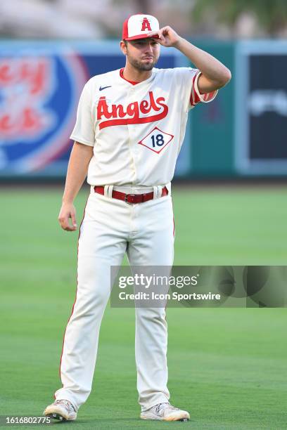 Los Angeles Angels first baseman Nolan Schanuel looks on before the MLB game between the Tampa Bay Rays and the Los Angeles Angels of Anaheim on...