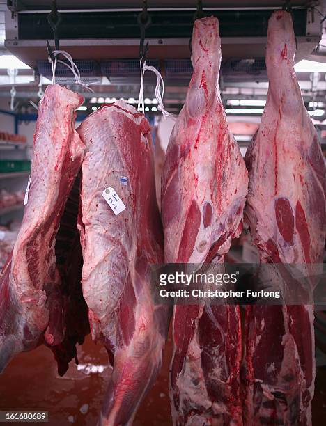 Cuts of beef hang inside a meat wholesalers at Liverpool Wholesale Meat Market on February 14, 2013 in Liverpool, England. British high street...