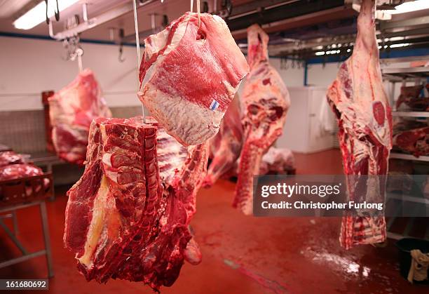 Cuts of beef hang inside a meat wholesalers at Liverpool Wholesale Meat Market on February 14, 2013 in Liverpool, England. British high street...