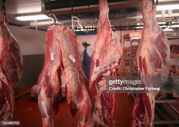 Cuts of beef hang inside a meat wholesalers at Liverpool Wholesale Meat Market on February 14, 2013 in Liverpool, England. British high street...