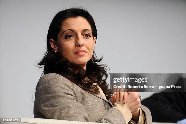 Irene Tignani candidate in next italian prliamentary elections in the Mario Monti's list attends an electoral event at Europauditorium on February...