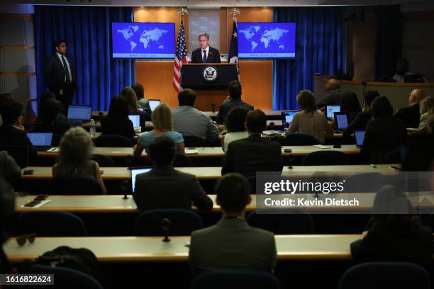 Secretary of State Antony Blinken speaks during a press conference at the State Department on August 15, 2023 in Washington, DC. Blinken spoke on...