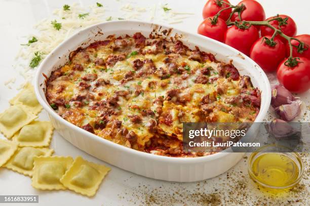 lazy skillet lasagna with ravioli - casserole stock pictures, royalty-free photos & images