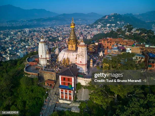 nepal, kathmandu valley, swayambunath buddhist stupa - nepal drone stock pictures, royalty-free photos & images