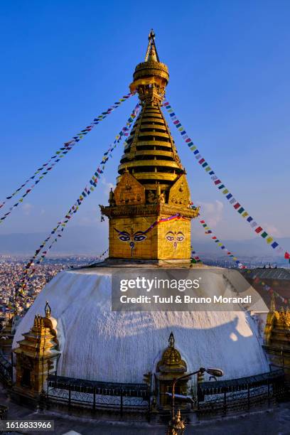nepal, kathmandu valley, swayambunath buddhist stupa - nepal drone stock pictures, royalty-free photos & images