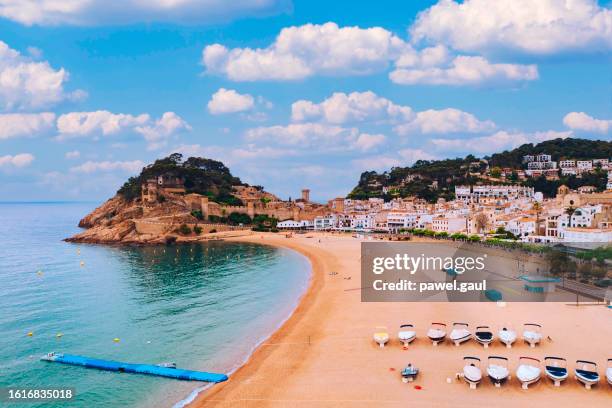 aerial view of tossa de mar beach costa brava catalonia spain - tossa de mar imagens e fotografias de stock