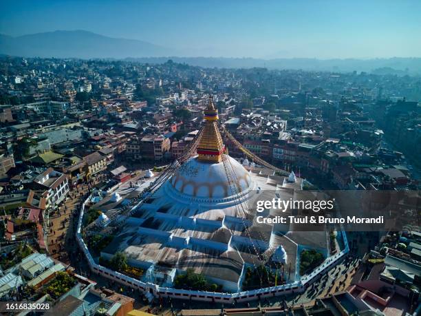 nepal, kathmandu valley, buddhist stupa of bodnath - nepal drone stock pictures, royalty-free photos & images