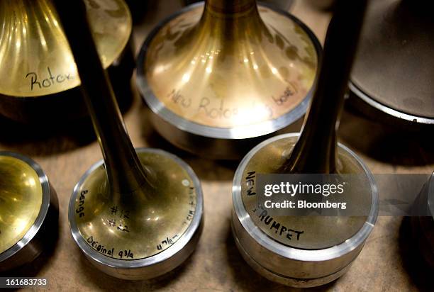 Various types of brass wind bell molds sit on a table in the manufacturing department of the E.K Blessing Co. In Elkhart, Indiana, U.S., on Thursday,...