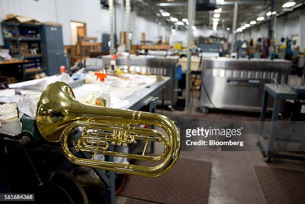 Mellophone waits to be completed at a work station in the manufacturing department of the E.K Blessing Co. In Elkhart, Indiana, U.S., on Thursday,...