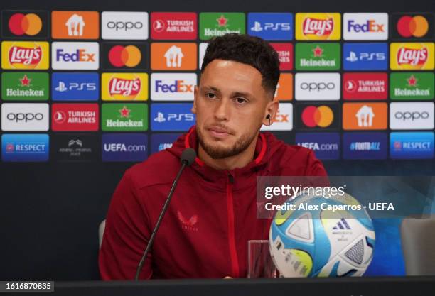 Lucas Ocampos of Sevilla speaks to the media during a press conference ahead of the UEFA Super Cup 2023 match between Manchester City FC and Sevilla...