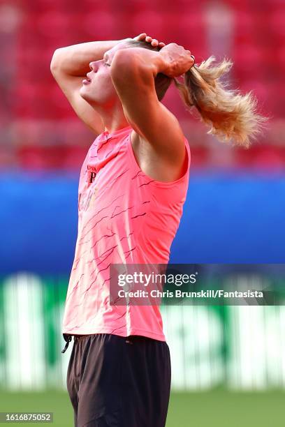 Erling Haaland of Manchester City adjusts his hair during a training session ahead of the UEFA Super Cup 2023 at Karaiskakis Stadium on August 15,...