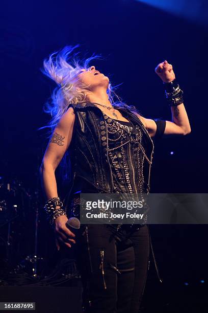 German hard rock vocalist, Doro Pesch of DORO performs in concert at Mojoes on February 13, 2013 in Joliet, Illinois.