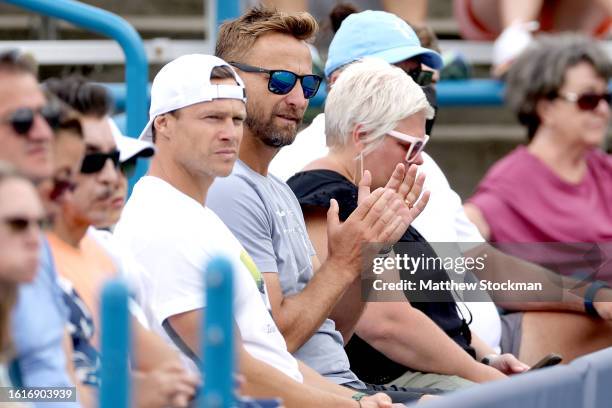 Jiri Vanek watches Petra Kvitova of Czech Republic play Anna Blinkova of Russia during the Western & Southern Open at Lindner Family Tennis Center on...